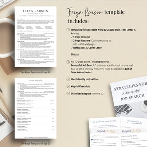 May include: A two-page resume template with a modern design. The template includes a cover letter, references, and a 70-page guide on strategies for a successful job search. The guide includes a list of 200+ action verbs.