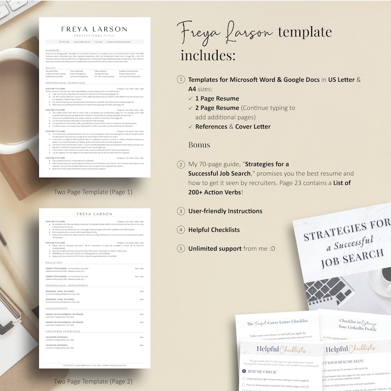 May include: A two-page resume template with a modern design. The template includes a cover letter, references, and a 70-page guide on strategies for a successful job search. The guide includes a list of 200+ action verbs.