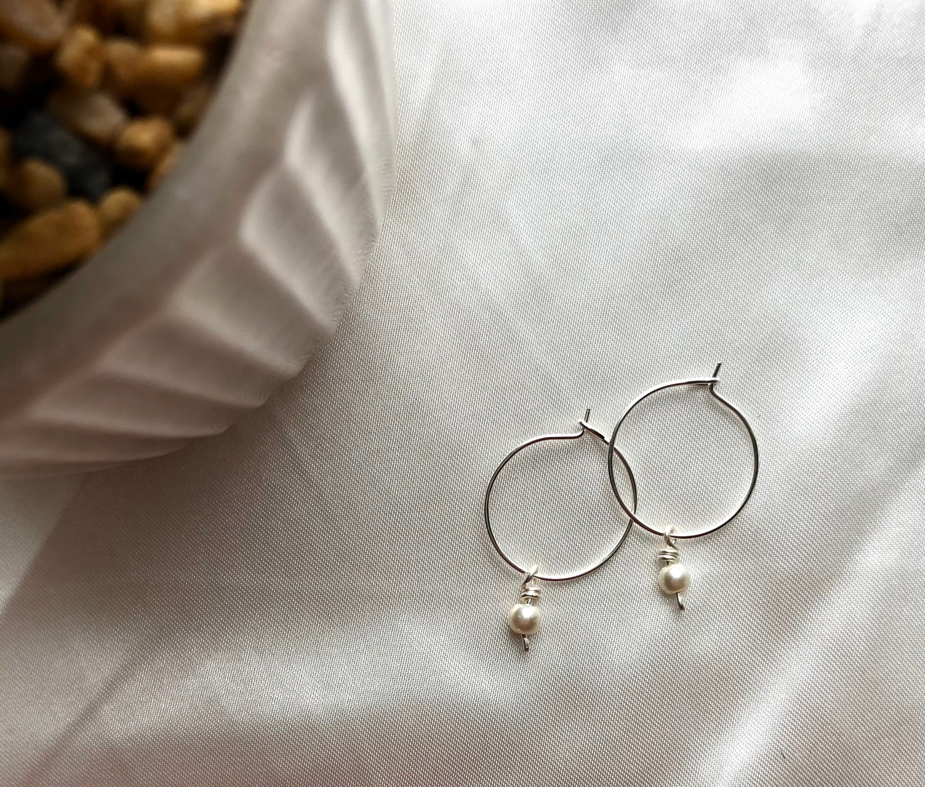 Silver Drop Pearl Hoop Earrings Etsy
