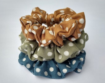 Polka Dot Scrunchie Set: Mustard, Blue, Khaki Hair Ties