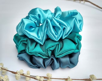 Teal Green Satin Scrunchie Set: Turquoise, Peacock, Green Hair Ties