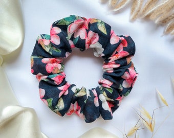 Navy floral scrunchie, Blue scrunchie hair, Linen scrunchies, Pretty scrunchies for girl, Gift for her under 10, Small gifts ideas for women