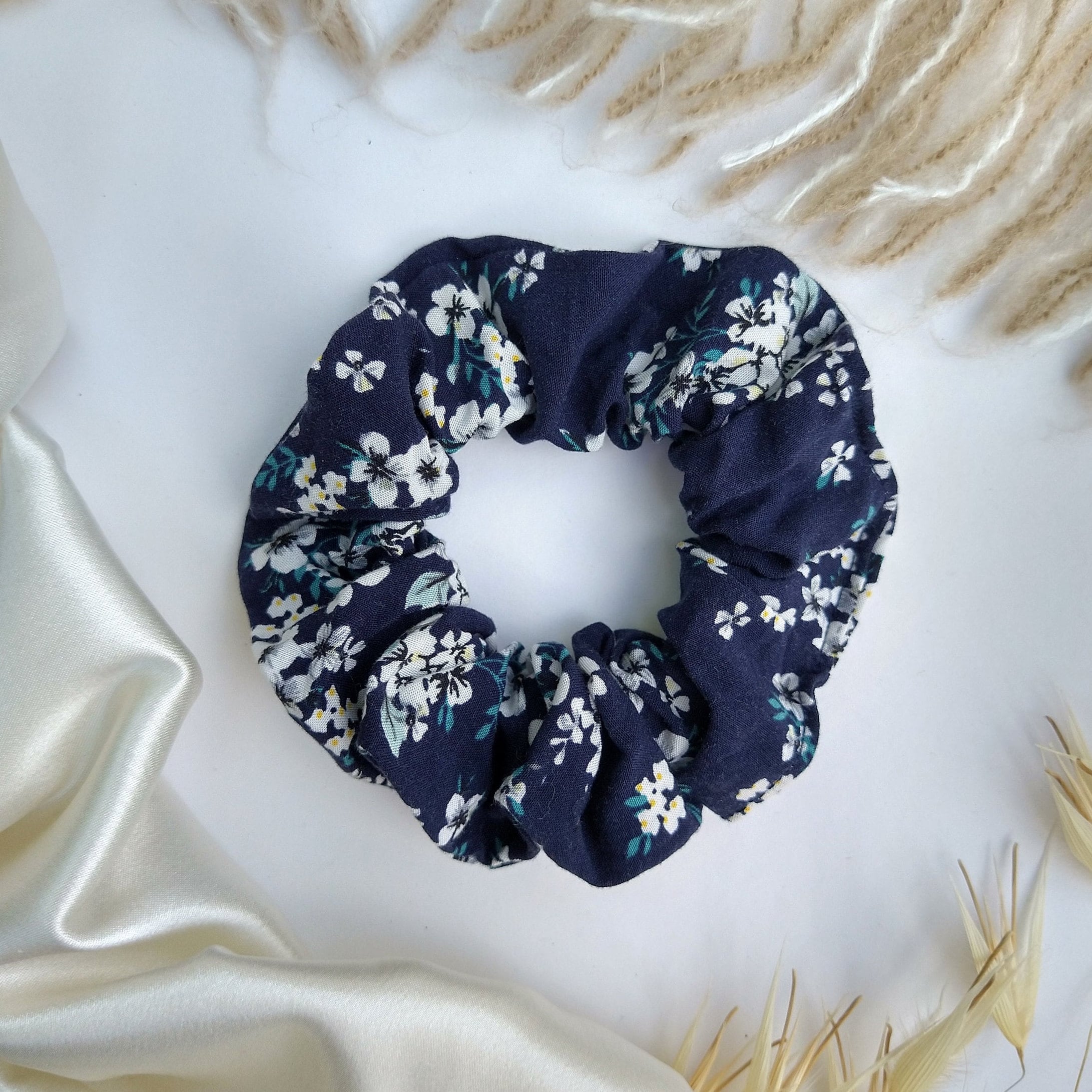 Navy Floral Scrunchie: Blue Scarf Hair Tie - Etsy display picture 1