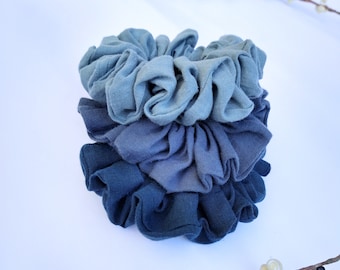 Blue Linen Scrunchie Set of 3: Handmade Hair Accessories