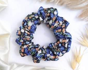 Blue floral scrunchie, Flowers scrunchy, Scarf scrunchie for women, Boho scrunchie, Cheap gift for friend, Small gift ideas for young girl