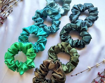 Green satin scrunchies, Handmade scrunchies in teal colours