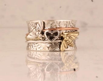 Anillo giratorio de plata de ley 925 maciza con diseño de abeja y corazón para hombre y mujer. Anillo tricolor de moda hecho a mano, ideal como regalo para dama de honor.