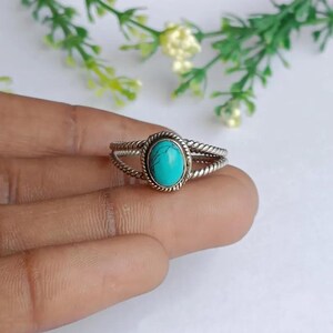 925 Sterling Silver Turquoise Ring • Boho Rope Band Ring • December Birthstone Ring • Handmade Gemstone Jewelry • Dainty Blue Stone Ring