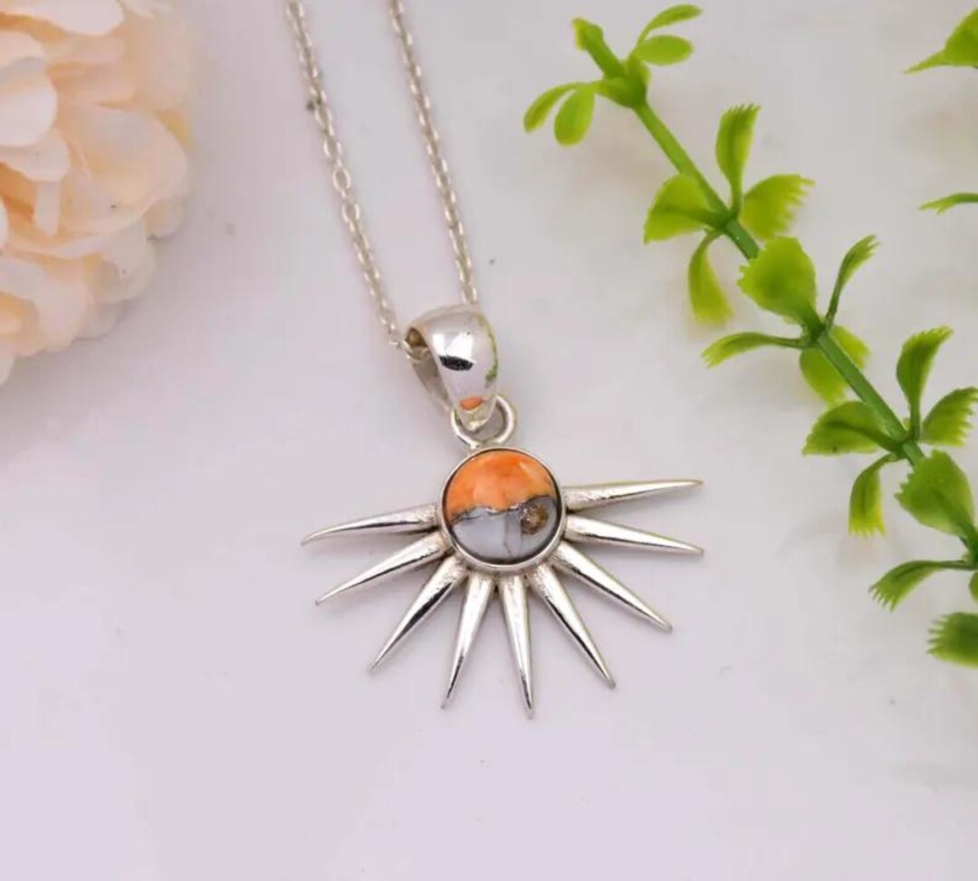 925 Sterling Silver Sun Necklace With Spiny Oyster & White Buffalo ...