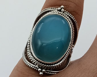 Blue Jade Rings, Solid 925 Silver Ring, Oval Blue Color Gemstone Ring, Sterling Silver Ring, Heavy Girl Ring, Jade Silver Rings, Boho Rings.