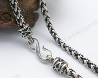 Colar masculino de prata maciça 925 com corrente Viking, colar masculino de prata, corrente de rabo de raposa, corrente de trigo, pulseira e colar com fecho de gancho