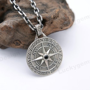 Mens Silver Compass Engraved Compass Personalized Necklace 925 Sterling Silver Gift For Boyfriend