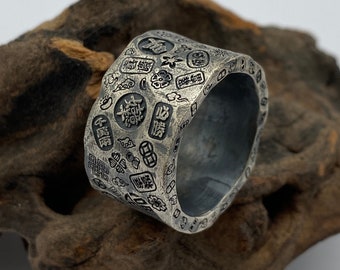 Męski srebrny pierścień Duży pierścień Pierścień na szczęście Pierścień z oksydowanego ciemnego srebra S925