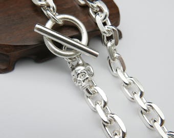 10mm Skull Necklace Mens Gothic Necklace Heavy Silver Chain & Bracelet 925 Sterling Silver Handmade Silver Chain For Men