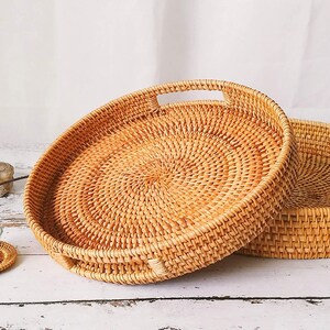 Round ottoman tray with handles | Small ottoman tray | Wine serving tray | Round serving tray with handles | Wooden large wicker round tray