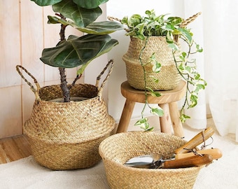 82 Types Seagrass Belly Woven Basket Flower Plants Pots Storage Bag Home Decor 