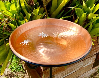 Solid copper bird bath with stake | Hammered copper bird bath bowl with iron stand | Large copper bird feeder | Fine gift for birder