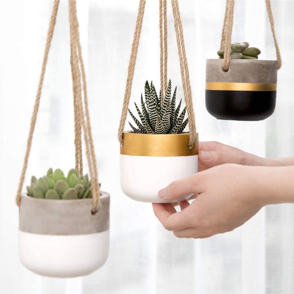 Small hanging planter set | Cement hanging planter indoor with drainage |Mid century modern hanging planter |Mini Concrete planter succulent