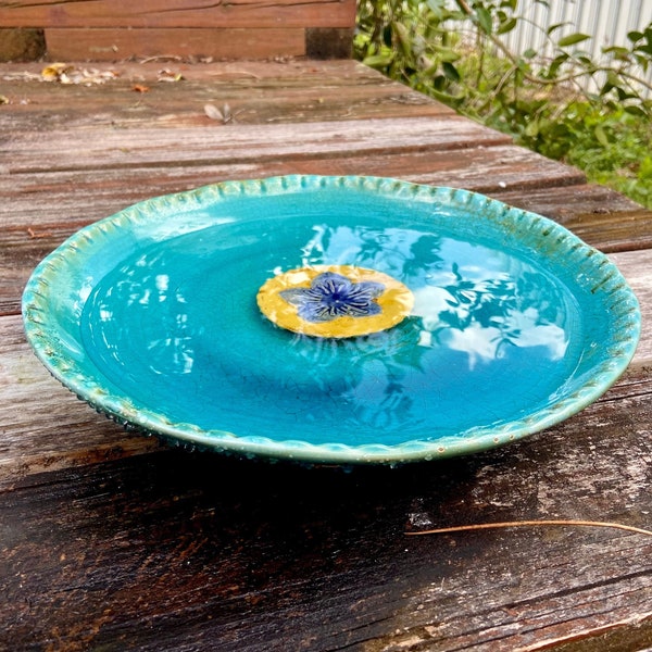 Bol de bain d'oiseau en céramique bleu 12" pour jardin extérieur | Grande mangeoire à oiseaux en céramique | Poterie de jardin