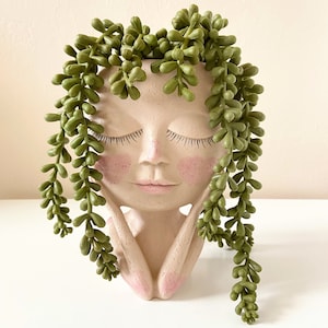 Dreaming girl face planter pot | Doll head planter pot | Woman head planter | Customizable original cute unique planter | Lady head planter