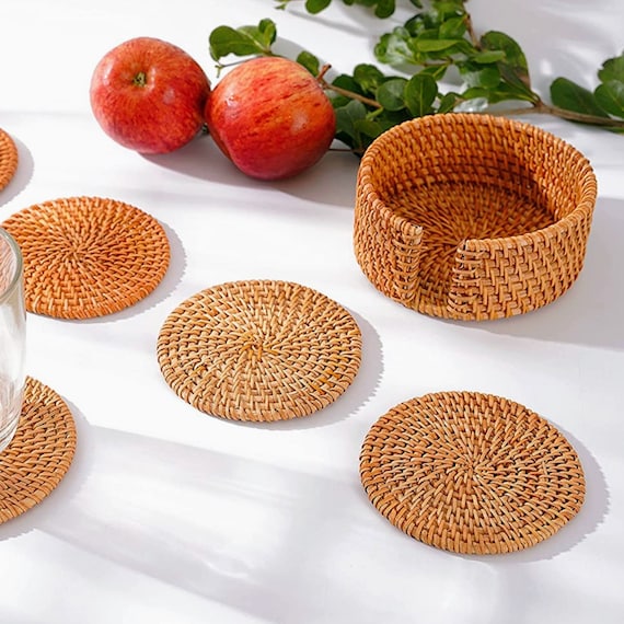 6 PC Rattan Woven Coasters With Holder Wicker Boho Rustic