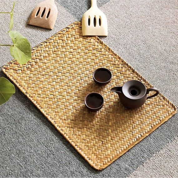 4PC or 6PC Rectangular Woven Placemats Seagrass Wooden Placemats Wipeable  Reversible Placemats Boho Farmhouse Rustic Wood Placemats 