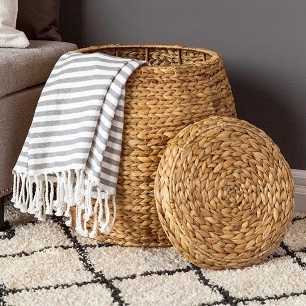 Large wicker basket with lid |Blanket basket |Wicker woven laundry basket with lid |Large Woven storage basket |Water Hyacinth plant basket