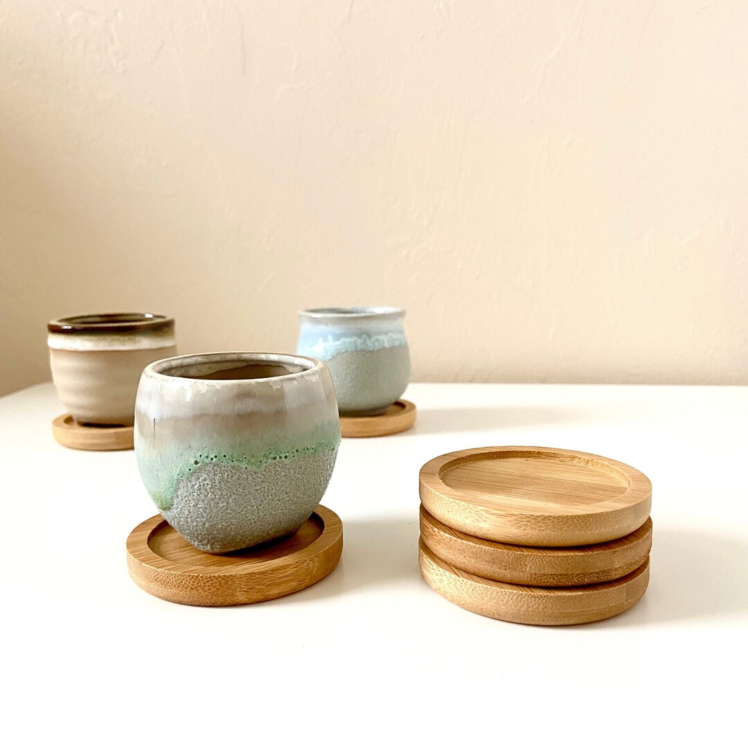 2 or 3 Wooden Bamboo Plant Saucer Set Small Mini Round Plant Saucer