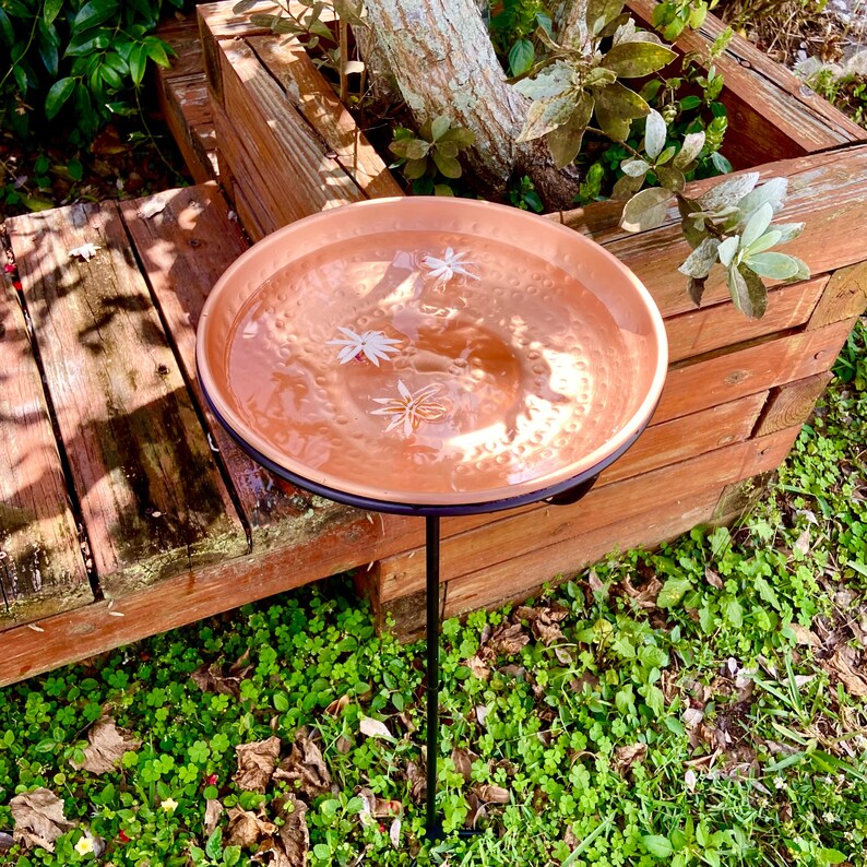 Solid Copper Bird Bath With Stake Hammered Copper Bird Bath Etsy