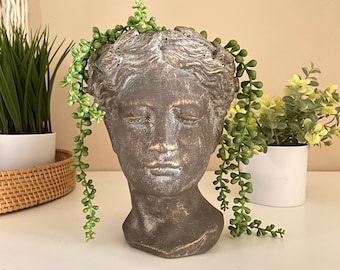 Greek Goddess head planter | Woman Greek bust | Greek statue head plant pot | Distressed cement planter with drainage | Woman head planter