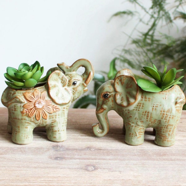 2 PC Elephant planter | Ceramic Elephant figurine | Good luck elephant decor | Cute Animal planter | Elephant plant pot | Succulent planter