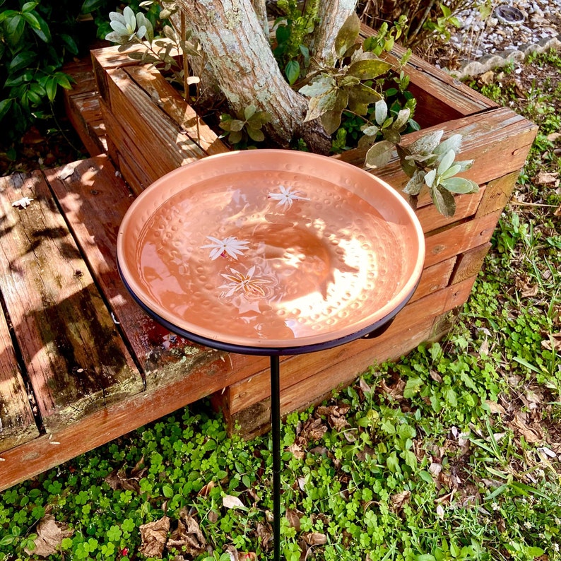 Solid Copper Bird Bath With Stake Hammered Copper Bird Bath Etsy