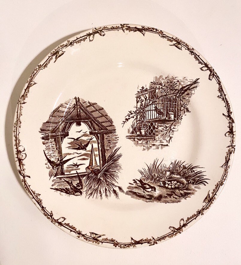 Assiette Terre de Fer Hb & Cie | Haute Boulenger French Ironstone Antique Plate. Plaque Sepia. Good 