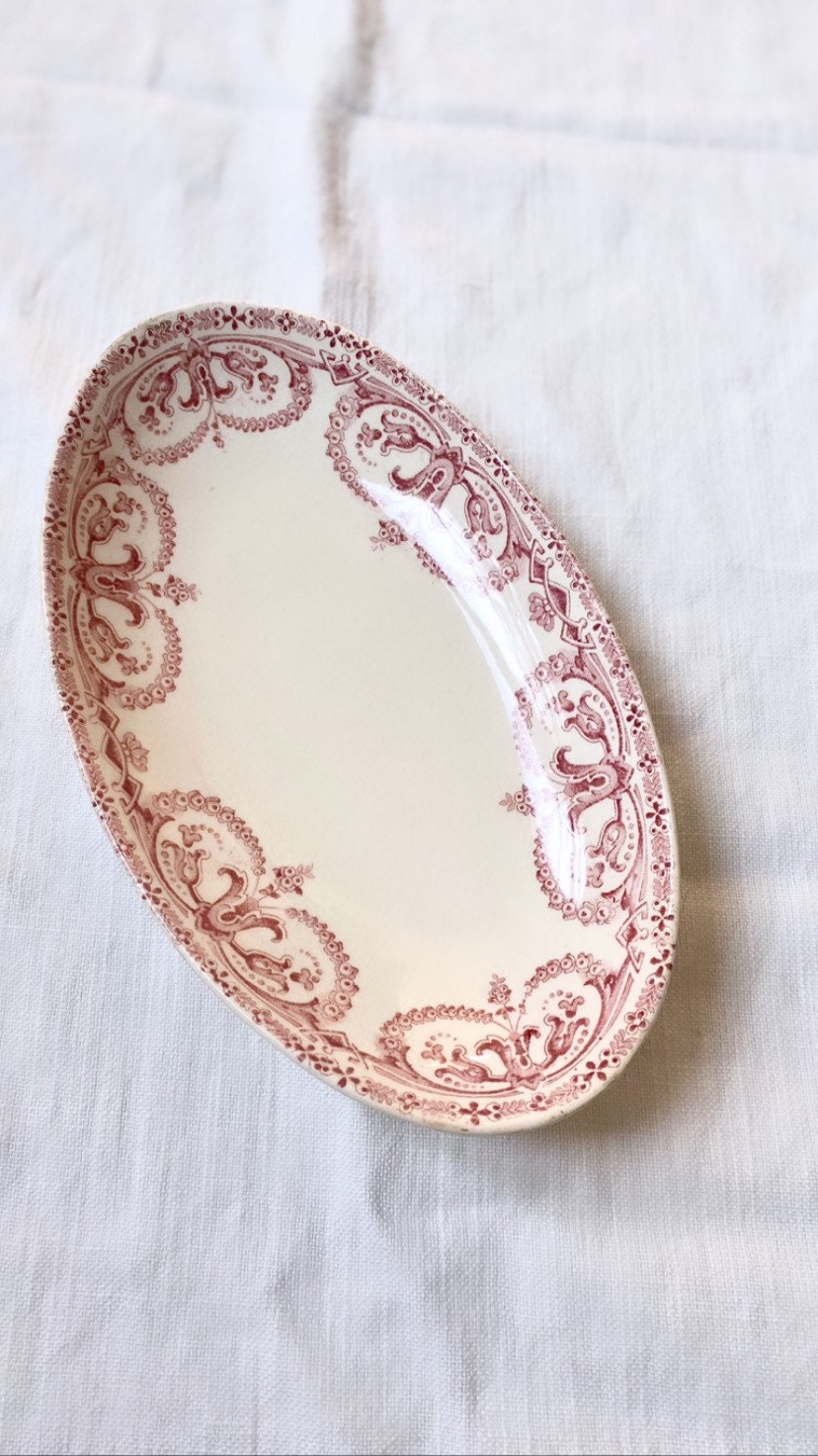 Guirlandes. Ravier Ancien en Terre de Fer. Faïence Antique France. Plat Vintage Très Bon État. Ovale