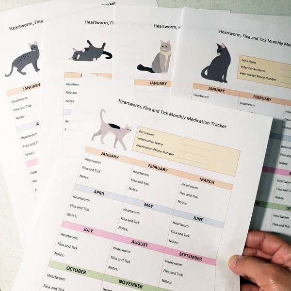 Printable cat flea and tick tracker, Pet care planner, Heartworm medication tracker, Pet medication log, Gray cat planner, Medical log sheet