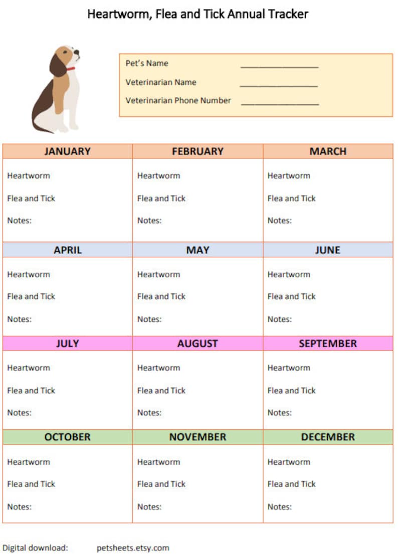 Printable Dog Flea and Tick Tracker, Pet Care Planner, Heartworm ...