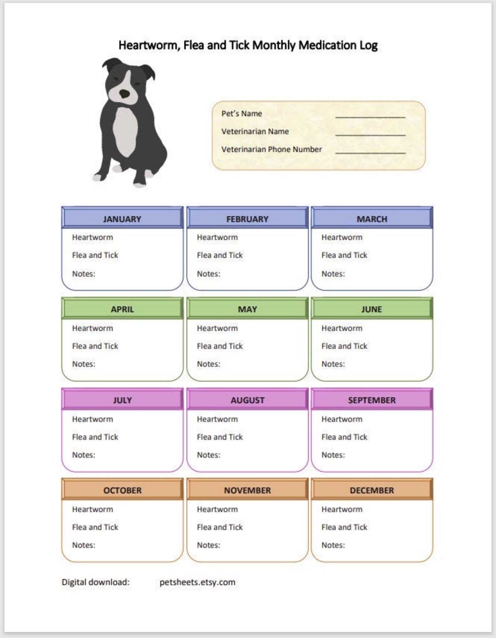 Pitbull Printable Dog Flea and Tick Tracker, Pet Care Planner
