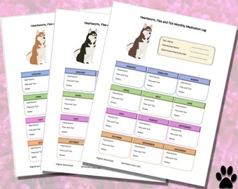 Printable dog flea and tick tracker, Husky Pet care planner, Heartworm medication tracker, Monthly tracker, Pet medication log, Pet planner