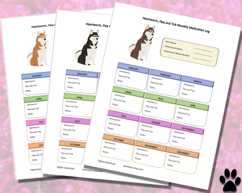 Printable Dog Flea and Tick Tracker, Husky Pet Care Planner, Heartworm ...