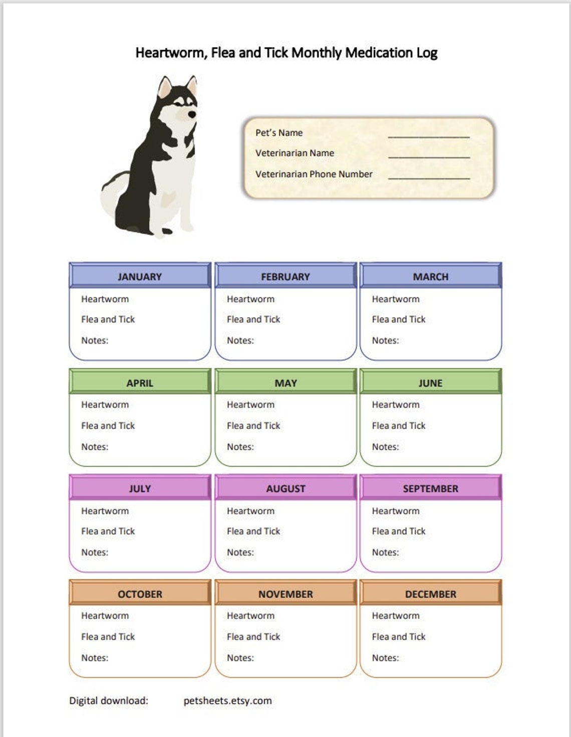 Printable Dog Flea and Tick Tracker, Husky Pet Care Planner, Heartworm