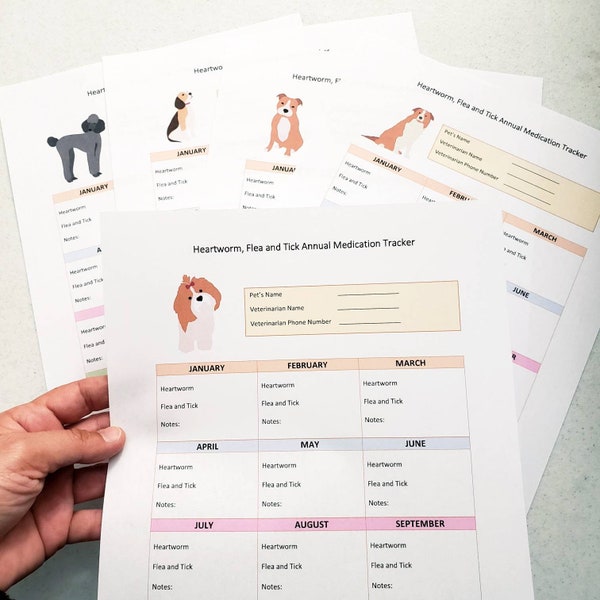 Printable dog flea and tick tracker, Pet care planner, Heartworm medication tracker, Monthly tracker, Pet medication log, Pet planner