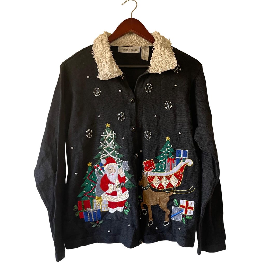 Vintage Black Christmas Santa Reindeer Sweater Cardigan Embellished ...
