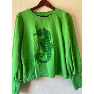 Maeve by Anthropologie Green Seahorse Puff Sleeve Sweatshirt Medium image 2