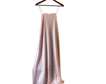Camisón largo vintage Vanity Fair rosa bordado con tirantes finos, talla pequeña