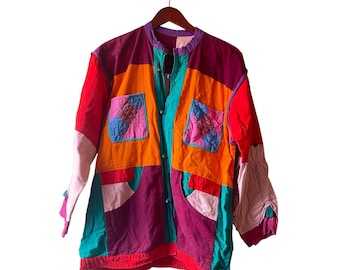 Vintage 90s Colorful Patchwork Cotton Jacket Artsy Unique reversible Coat XL