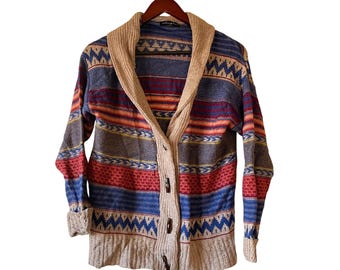 Cardigã feminino Islington tamanho P com estampa asteca e gola xale, em mistura de lã.
