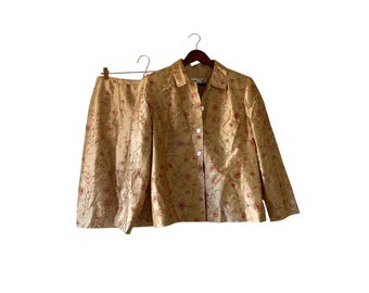 Vintage Guldfärgad Sidenblandning Blommig Broderad Pärlkjol Kostymset Dam 12