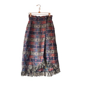 Vintage 80s Southwestern Aztec Fringe Midi Skirt Size Small