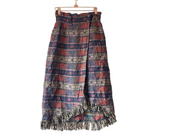 Vintage 80s Southwestern Aztec Fringe Midi Skirt Size Small