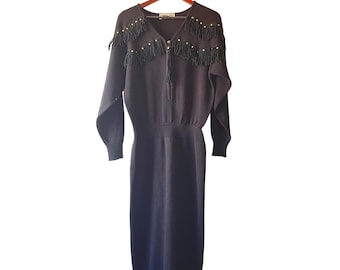 Vintage 80s Western Sweater Dress Midi Black Fringe Embellished Gold sz medium